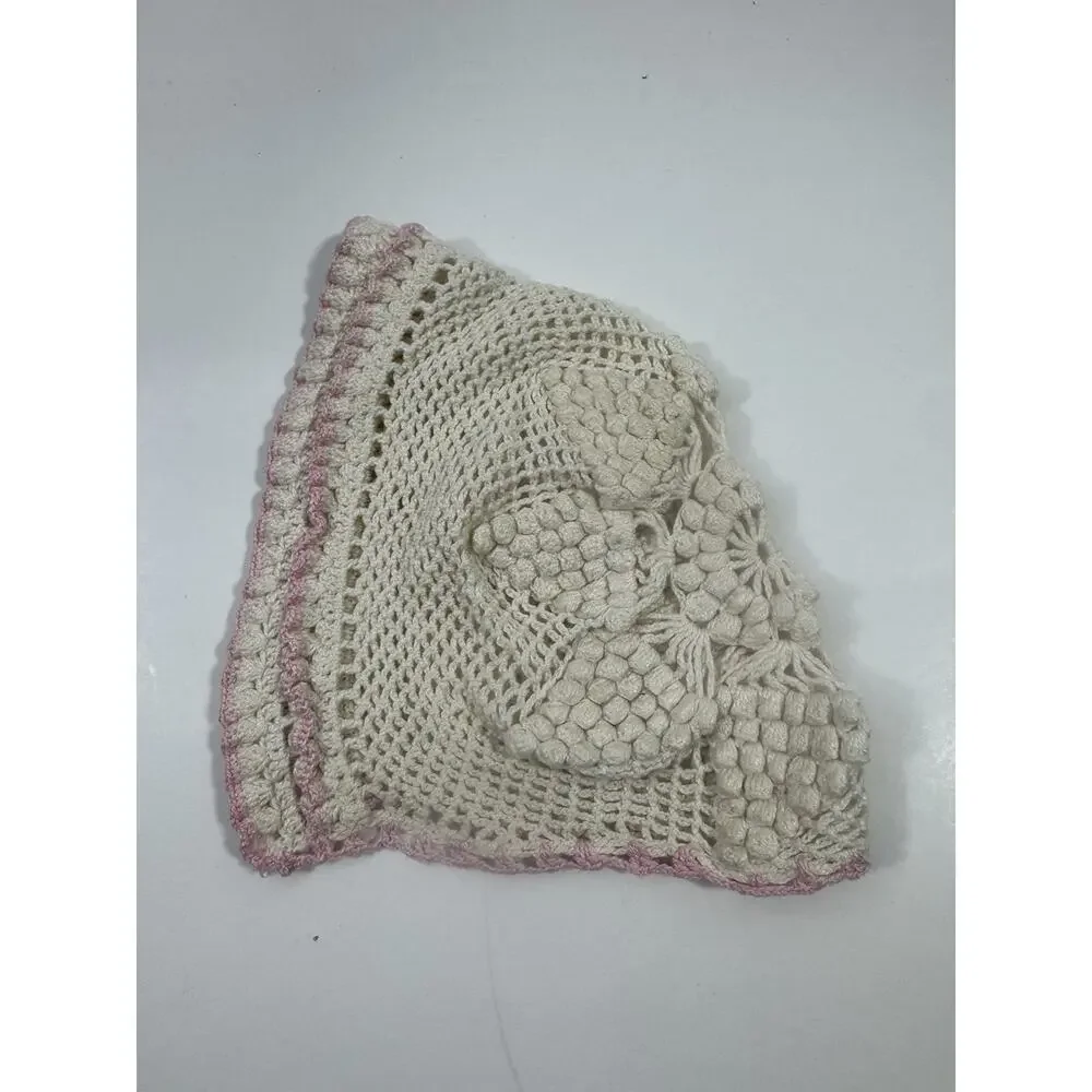 Handmade Crochet Baby Hats Bibs With Pink Trim And Lace